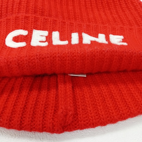 セリーヌ CELINE ウール ロゴ ビーニー ニット帽 TU 赤 レッド 帽子