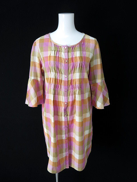 アルファキュービック Alpha Cubic ワンピース シャツ コットン チェック柄 フレアスリーブ 7分袖 M ピンク レディース 068 ベクトルパーク