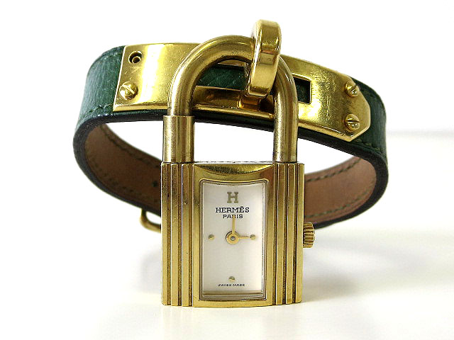 エルメス HERMES ケリー ウォッチ 時計 レザー GP ゴールド 緑 〇X刻 