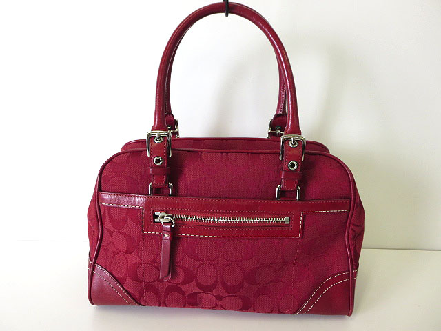 コーチ COACH バッグ ハンドバッグ キャンバス レザー ジャガード 赤 