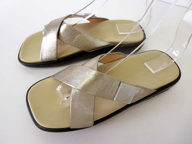 ルイヴィトン LOUIS VUITTON サンダル レザー LV ロゴ 39 ゴールド  