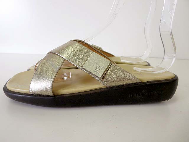 ルイヴィトン LOUIS VUITTON サンダル レザー LV ロゴ 39 ゴールド  
