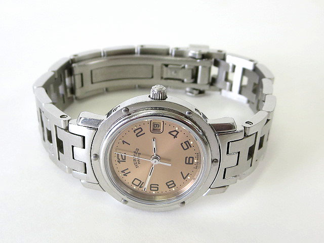 エルメス HERMES 腕時計 クリッパー ナクレ デイト CL4.210 ピンク文字