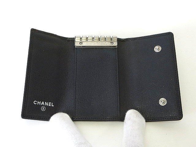 シャネル CHANEL キーケース ココマーク カメリア レザー 黒ブラック系  