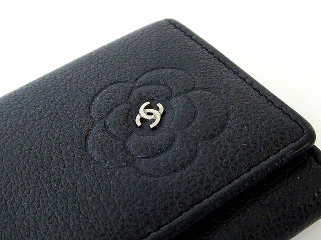 シャネル CHANEL キーケース ココマーク カメリア レザー 黒ブラック系  