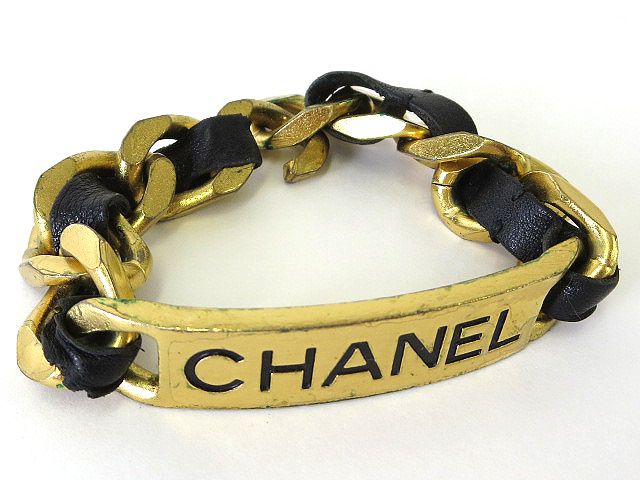 シャネル CHANEL ブレスレット チェーン レザー 95P ロゴ ゴールド 黒  