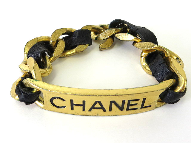 シャネル CHANEL ブレスレット チェーン レザー 95P ロゴ ゴールド 黒 