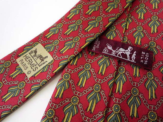 未使用品 エルメス HERMES ネクタイ シルク 総柄 赤 朱色 グリーン  