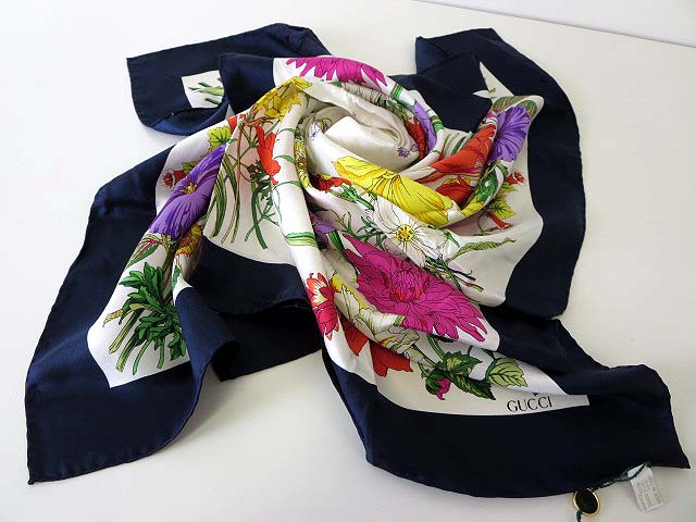 グッチ GUCCI スカーフ ショール 大判 ボタニカル 花柄 シルク 白 紺  