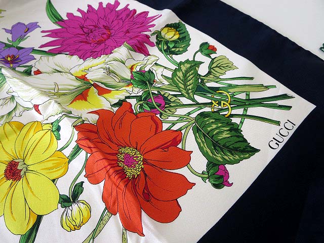 グッチ GUCCI スカーフ ショール 大判 ボタニカル 花柄 シルク 白 紺  