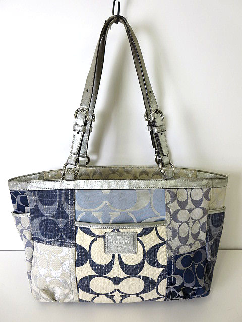 コーチ COACH バッグ トートバッグ キャンバス レザー ブルー オフ白 シルバー 19047パッチワーク ギャラリー トート かばん レディース