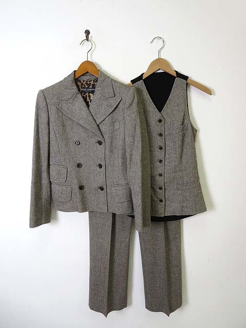 ドルチェ ガッバーナ ドルガバ Dolce Gabbana 3点セットアップ パンツ スーツ ベスト ジャケット ウール 裏ヒョウ柄 40 M ブラウン 茶 レディース 068 ベクトルパーク