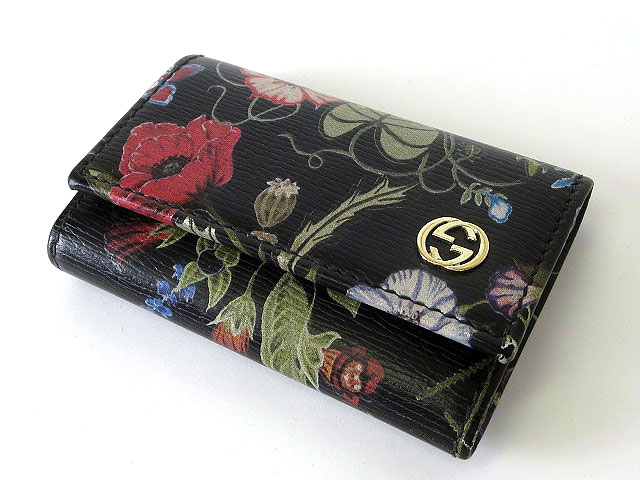 グッチ GUCCI キーケース 6連 GG 花柄 レザー 黒 マルチカラー 牛革 