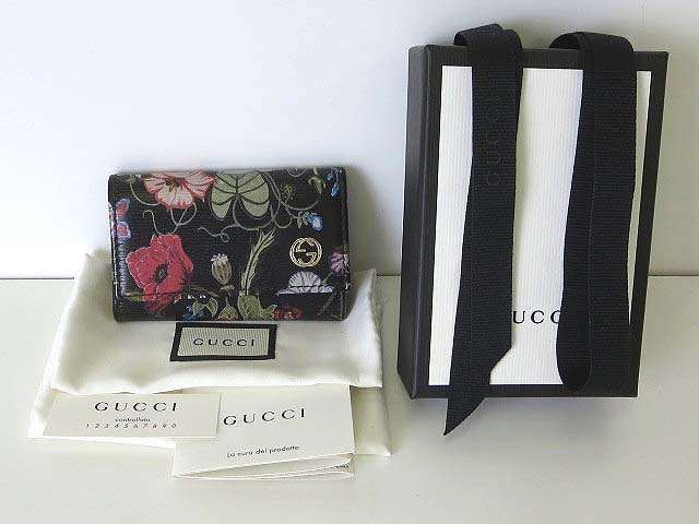 グッチ GUCCI キーケース 6連 GG 花柄 レザー 黒 マルチカラー