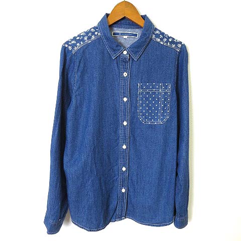 ジ エンポリアム The Emporium シャツ デニムシャツ 長袖 ダンガリー 花柄 切替 水玉ドット コットン M インディゴブルー 白 ホワイト レディース 068 ベクトルパーク