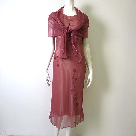 キャサリンロス Katharine Ross ワンピース ドレス 半袖 チュール ストール付 ミモレ丈 シフォン 花 刺繍 M コーラル ピンク パーティ 披露宴 二次会 レディース 068 ベクトルパーク