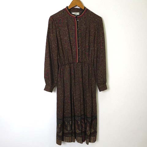 Bellesafeena ベルサフィーナ ワンピース ロング ウール 花柄 フレア 長袖 M 茶 ブラウン エンジ ボルドー レディース 068 ベクトルパーク