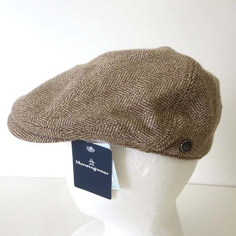 未使用品 マンシングウェア Munsingwear ハンチング 帽子 ハンチング帽 ぼうし ウール 100 ヘリンボーン ロゴ プレート M ベージュ タグ付 美品 ボウシ 国内正規品 メンズ 068 ベクトルパーク