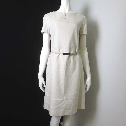 クレージュ Courreges ワンピース ミモレ丈 半袖 ベルト付 ロゴ 刺繍 フレア スリットネック コットン 38 M ライト ベージュ レディース 068 ベクトルパーク