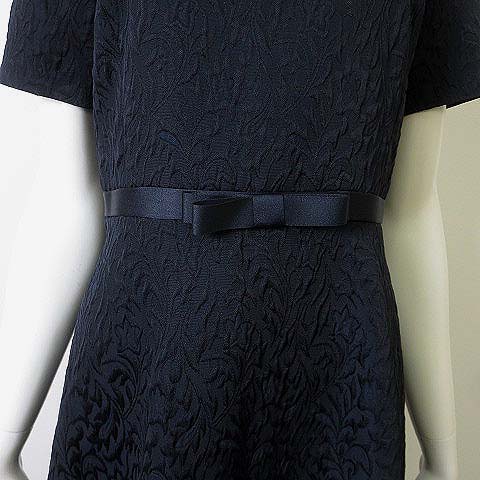 レステラ Lestera レナウン ワンピース ミモレ丈 半袖 総柄 ウエスト リボン フレア 38 M 紺 ネイビー 美品 レディース 068 ベクトルパーク