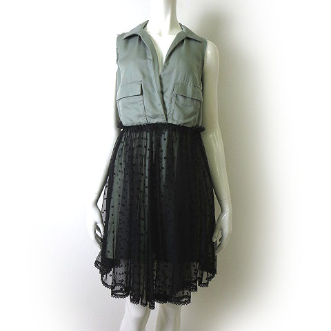 ディーゼル Diesel ワンピース チュール レース 刺繍 ノースリーブ カットオフ フリンジ Xs S くすみ グリーン 黒 ブラック 国内正規品 レディース 068 ベクトルパーク