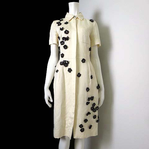 ランバン Lanvin Ete 06 ワンピース シャツワンピース ロング 半袖 リネン 麻 コットン 花柄 コサージュ S 36 アイボリー フランス製 国内正規品 レディース 068 ベクトルパーク