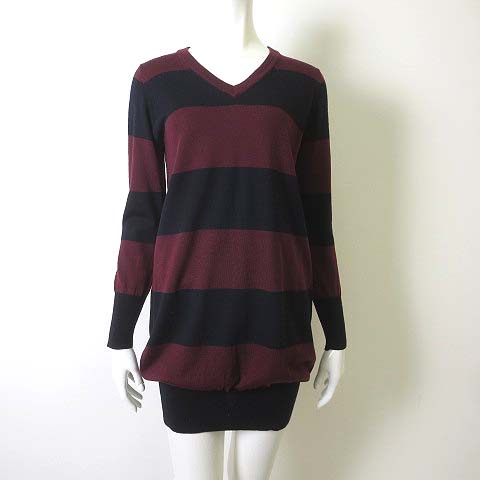 23区 オンワード樫山 ワンピース チュニック ニット ウール ボーダー Vネック 長袖 M エンジ 紺 ネイビー レディース 068 ベクトルパーク