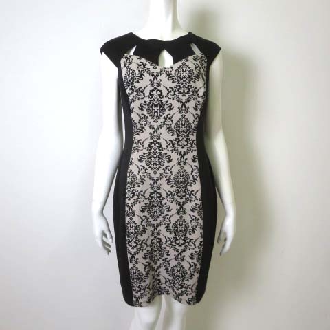 En Focus Studio エンフォーカススタジオ ワンピース ミモレ丈 半袖 ダマスク 切り替え 胸開き ストレッチ 6 M 黒 ブラック 美品 レディース 068 ベクトルパーク