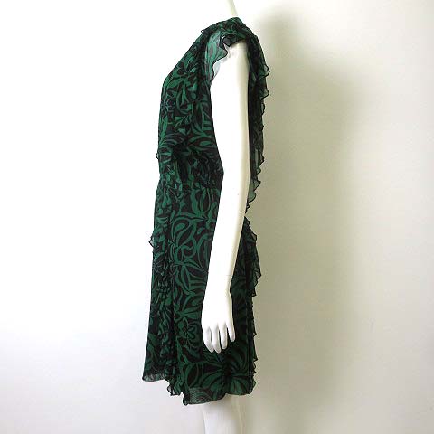 Fit Me ワンピース ドレス ラッフル フレア 半袖 総柄 フリル シフォン S 緑 グリーン 黒 ブラック 美品 レディース 068 ベクトルパーク