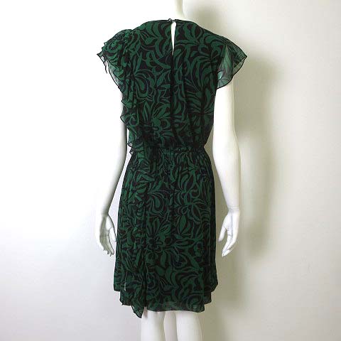 Fit Me ワンピース ドレス ラッフル フレア 半袖 総柄 フリル シフォン S 緑 グリーン 黒 ブラック 美品 レディース 068 ベクトルパーク