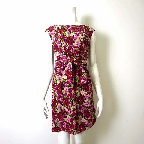 アナイ Anayi ワンピース キャップスリーブ 花柄 ボタニカル ウエストリボン S 36 ワイン 赤 ピンク カーキ 美品 レディース 068 ベクトルパーク