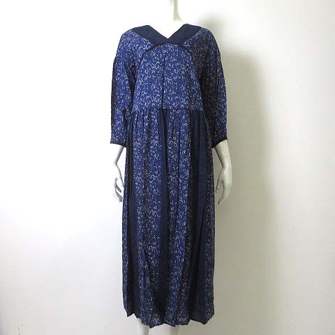 未使用品 ナノユニバース Nano Universe ワンピース ロング マキシ オーバーサイズ フレア 花柄 小花柄 配色 Vネック 長袖 36 S 青 紺 ネイビー 美品 レディース 068 ベクトルパーク