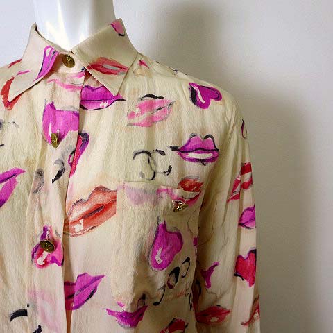 シャネル CHANEL シャツ ブラウス 長袖 ココマーク リップ柄 シルク 絹  