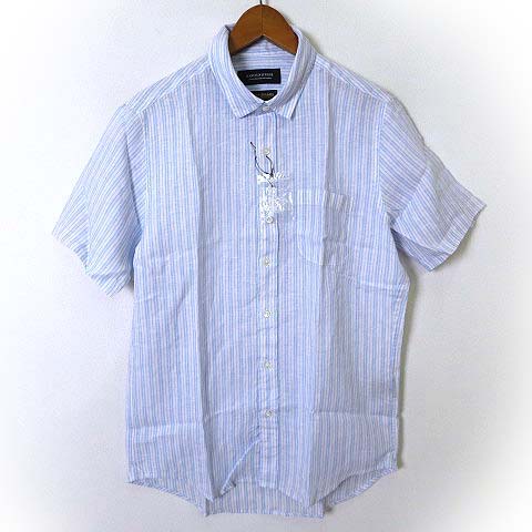 未使用品 ナノユニバース Nano Universe Herdmans シャツ 半袖 リネン 麻 100 ストライプ 19ss 透け感 S 白 ホワイト 水色 美品 メンズ 068 ベクトルパーク