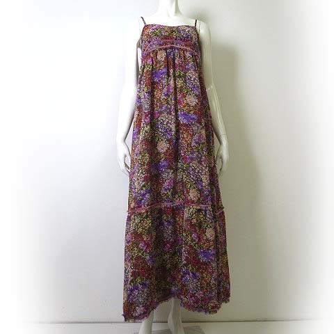 ドロシーズ Drwcys ワンピース キャミワンピース ロング マキシ 花柄 小花柄 シフォン フレア フリンジ 1 M 茶 ブラウン 紫 パープル 美品 レディース 068 ベクトルパーク