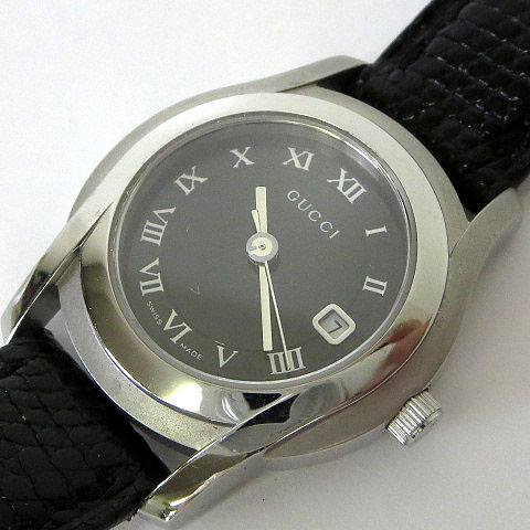 グッチ GUCCI 腕時計 5500L ローマン デイト レザーベルト 黒 ブラック 