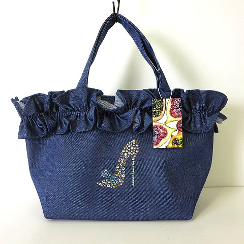 未使用品 Gingam ギンガム バッグ トートバッグ キャンバス デニム フリル スワロフスキー ハイヒール ブルー 青 かばん 鞄 カバン タグ付 美品 レディース 068 ベクトルパーク