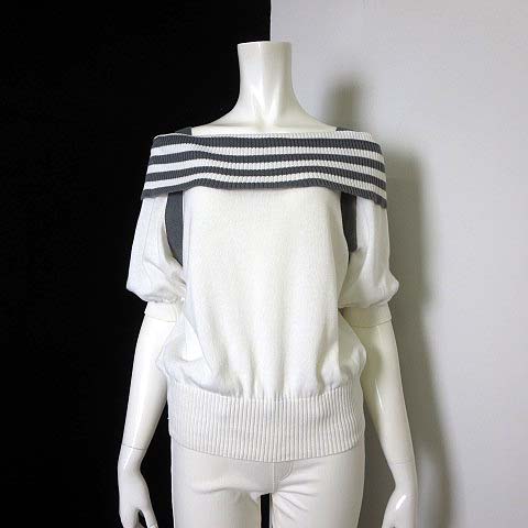 クリスチャンディオール Christian Dior カットソー ニット オフショルダー ボーダー 配色 ラグラン 半袖 M 白 ホワイト グレー 国内正規品 レディース 068 ベクトルパーク