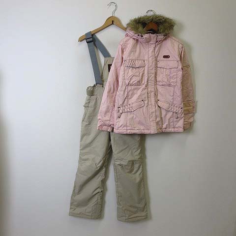 イグニオ Ignio 上下 セット スキーウェア ジャケット 中綿 ジップアップ ロゴ ジュエル 装飾 パンツ オーバーオール M ピンク ベージュ 美品 レディース 068 ベクトルパーク