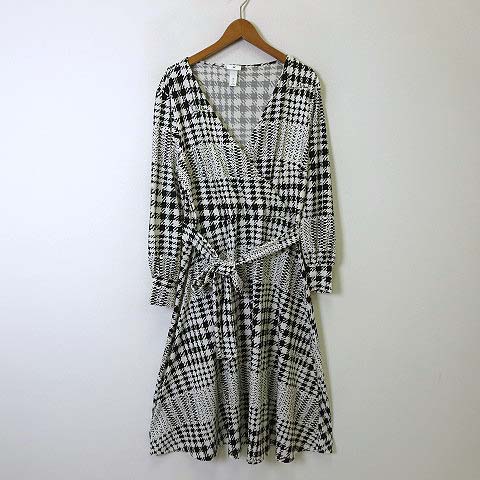 エイチ エム H M リチャード アラン Richard Allan ワンピース ストレッチ カシュクール フレア グレンチェック ロング 長袖 L 白 ホワイト 黒 ブラック 美品 レディース 068 ベクトルパーク