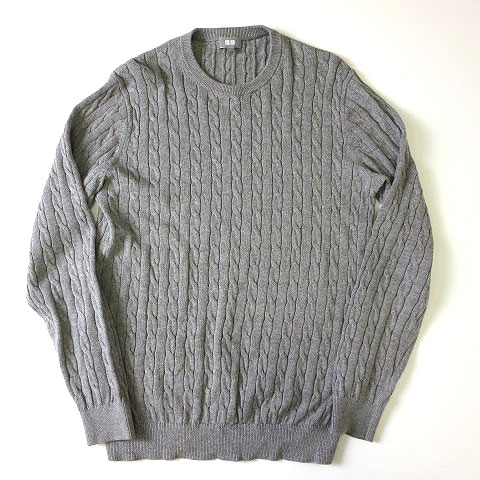 ユニクロ Uniqlo ニット セーター ケーブル編み カシミヤ コットン クルーネック 長袖 L グレー メンズ 068 ベクトルパーク