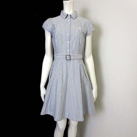 バーバリーブルーレーベル Burberry Blue Label ワンピース オックスフォード ホース ロゴ 刺繍 フレンチスリーブ 半袖 ストライプ M 38 ブルーグレー 白 ホワイト 国内正規品 レディース 068 ベクトルパーク