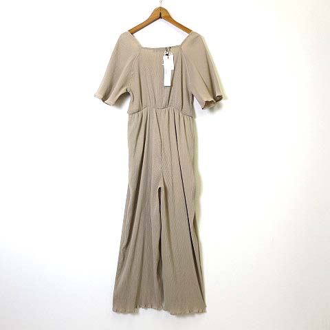 未使用品 ヘザー Heather オールインワン ホソ プリーツ コンビネゾン ワイドパンツ フレア 半袖 M L ベージュ タグ付 美品 レディース 068 2323 ベクトルパーク