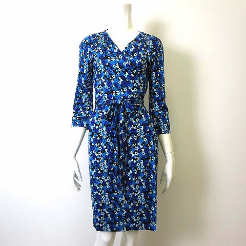 ダイアンフォンファステンバーグ Diane Von Furstenberg ワンピース カシュクール 絹 シルク 100 小花柄 ウエストリボン 7分袖 M 6 青 ブルー 黒 ブラック マリンブルー 国内正規品 レディース 068 ベクトルパーク
