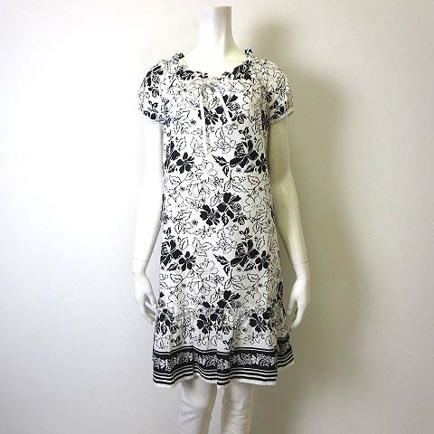 クリアインプレッション Clear Impression ワンピース フリルネック 花柄 キャップスリーブ 半袖 L 3 白 ホワイト 黒 ブラック レディース 068 ベクトルパーク