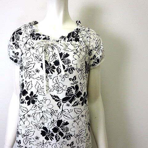 クリアインプレッション Clear Impression ワンピース フリルネック 花柄 キャップスリーブ 半袖 L 3 白 ホワイト 黒 ブラック レディース 068 ベクトルパーク