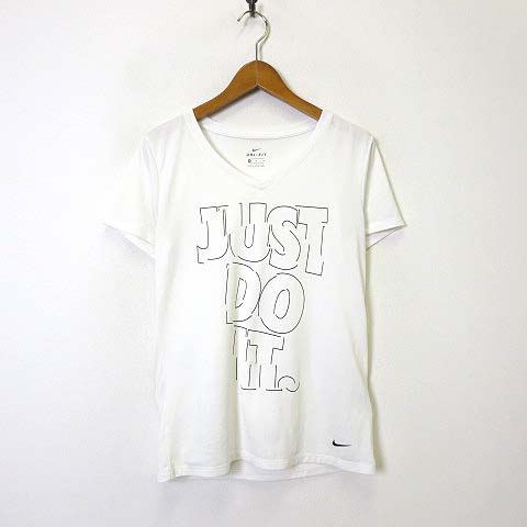 ナイキ Nike Tシャツ ロゴ Just Do It プリント Vネック ドライフィット 半袖 M 白 ホワイト 黒 ブラック 国内正規品 美品 レディース 068 ベクトルパーク