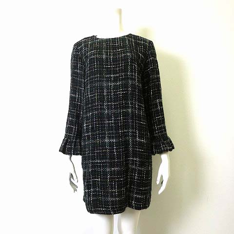 ザラ Zara ワンピース チェック ツイード ウール フリル 袖 ウール 長袖 L 黒 ブラック グリーン 白 ホワイト レディース 068 ベクトルパーク