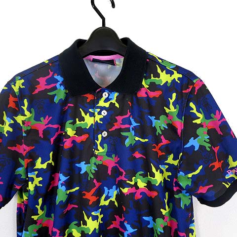 【日本製】サイコバニー 半袖 ポロシャツ 迷彩 カモフラージュ 古着 サイコバニー 半袖ポロシャツ ネイビー 襟裏カモフラ柄 迷彩 スカル