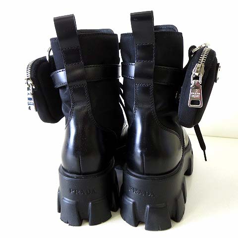 ◆直営店◆【PRADA】モノリス ポーチ付 レザー×Re-Nylon ブーツ ブラック プラダ モノリス ポーチ付 レザーx Re-Nylon ブーツ